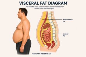Man with Visceral Fat and a diagram showing the difference between subcutaneous fat and visceral fat