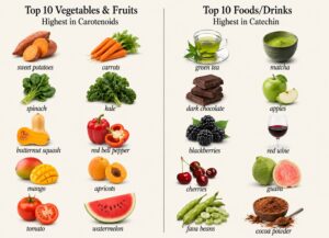 a picture table demonstrating foods and drinks that are rich in carotenoids and catechins - compounds that help get rid of visceral fat